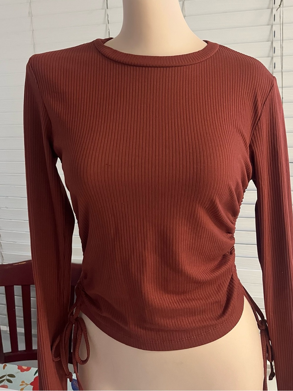 Ribbed Long-Sleeve Side-Tie Top in Rust